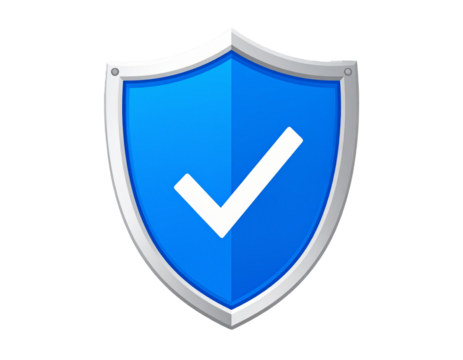 Flat Blue Shield Security Icon with Checkmark, Front View, isolated on transparent background