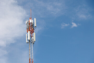 Communication towers on blue sky, 5G networks post. Network cell site. Omni direction data link