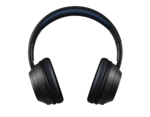 Flat Black Headphones Icon with Rounded Ear Cups, Front View, isolated on transparent background