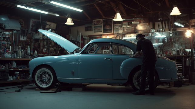 The man is fixing an old car