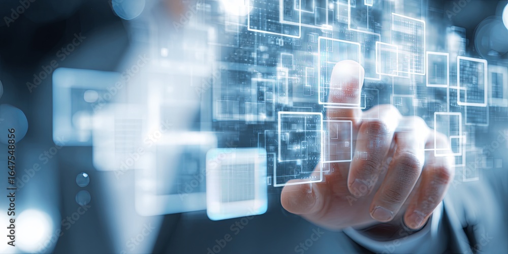 Poster hand reaching out to interactive digital interface with data visualizations in a modern business env