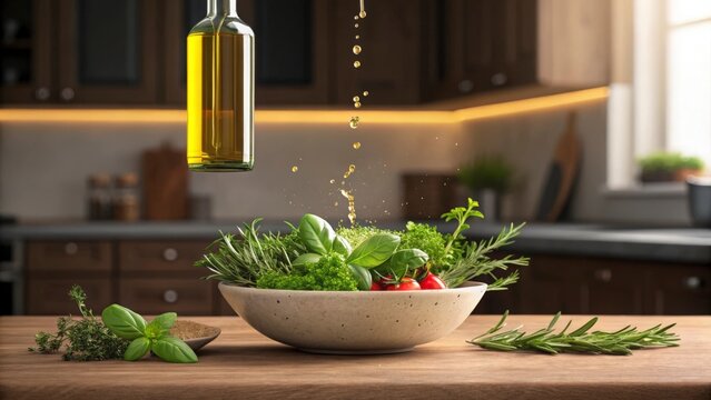 Olive oil pouring onto fresh herbs in a bowl on a wooden table in a kitchen setting indoors