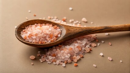 Close up of himalayan pink salt crystals in a wooden spoon on a neutral colored background