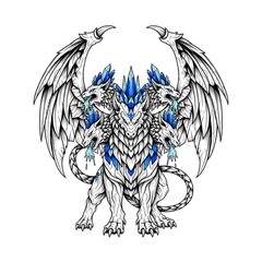 Obraz premium A three-headed winged guardian beast with blue crystal armor and glowing eyes. This mythical creature tattoo design symbolizes immense power and protection.