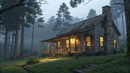A cozy wooden cabin nestled in a misty forest, with warm light glowing from its windows, creating a serene and inviting atmosphere in the tranquil landscape