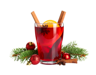 Rustic Mulled Wine Setup with Wooden Table and Festive Decorations, Close-Up, Isolated