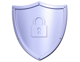 3D Metallic Silver Shield with Glossy Finish and Lock Emblem, Angled Side View, isolated