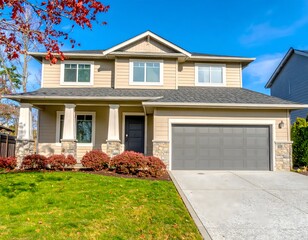 A classic two-story suburban home with tan siding and a grey roof, featuring a two-car garage and a walkway leading to the front door.