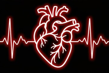 Glowing neon heart and heartbeat pulse on black background, perfect for medical concepts and healthcare designs
