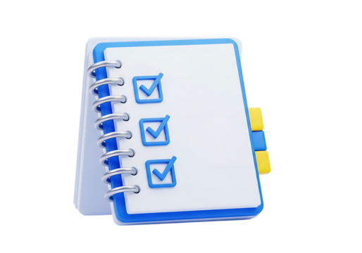 paper clipboard with pencil. 3d notepad, task management concept, todo check list with pen, notes, exam paper checklist icon. 3D Rendering illustration isolated on transparent background