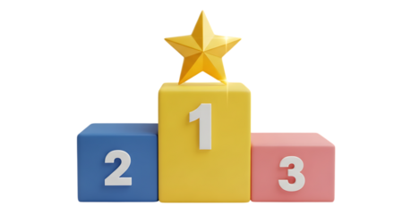 Winner podium with yellow star. Award pedestal for first, second, third place. Champions platform of competition for victory ceremony. Cartoon 3d icon illustration isolated on transparent background 