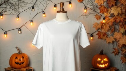 Mockup of a white t-shirt on a mannequin with a Halloween decoration, a jack-o'-lantern, glowing on a dark autumn night, a classic Halloween decoration.