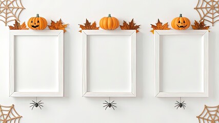 Three mock-up wooden wall frames with Orange Halloween pumpkins and fall leaves frame a festive seasonal design, perfect for a fall party invitation and Thanksgiving.
