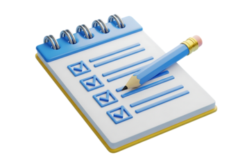 paper clipboard with pencil. 3d notepad, task management concept, todo check list with pen, notes, exam paper checklist icon. 3D Rendering illustration isolated on transparent background