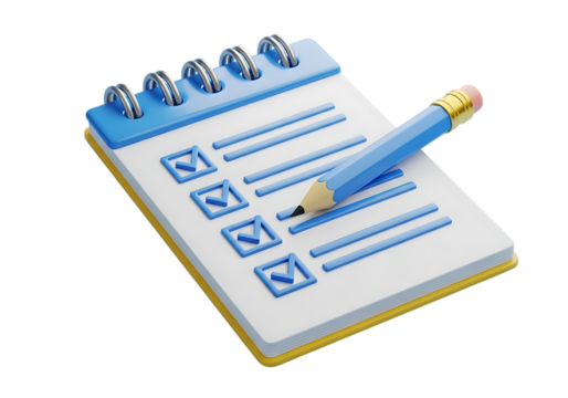 paper clipboard with pencil. 3d notepad, task management concept, todo check list with pen, notes, exam paper checklist icon. 3D Rendering illustration isolated on transparent background