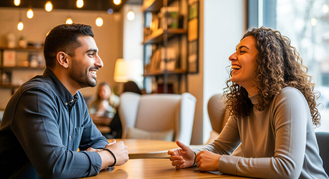 Cafe Conversation: Sharing a Laugh in a Bright Setting