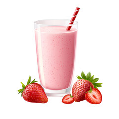 Closeup of pink milky splash and ripe fresh red strawberries isolated on white background. Pink liquid in motion, milky strawberry shake. Generative AI 3d render illustration imitation.