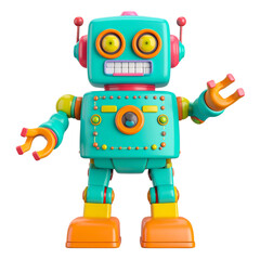 Fototapeta premium A colorful retro robot figure with large eyes and a smiling mouth, designed in a playful and whimsical style against a black background.