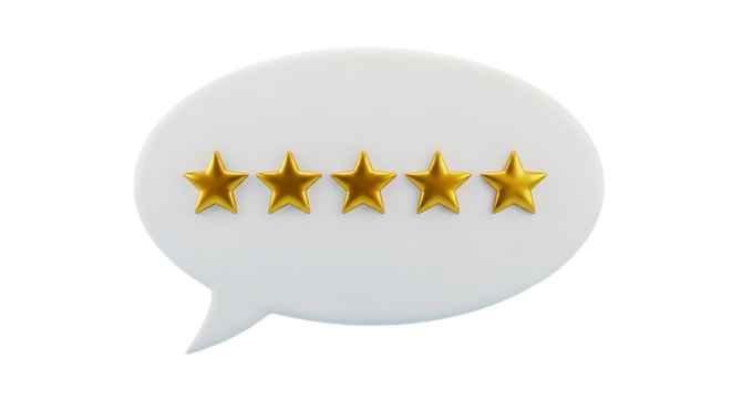 User feedback with five star rating. White speech bubble with a comment. 3d icon illustration isolated on transparent background, PNG. Concept of online feedback