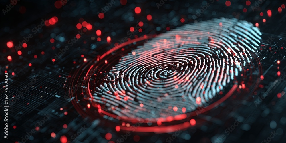 Poster high-resolution digital fingerprint with glowing effects on a dark background representing identity 