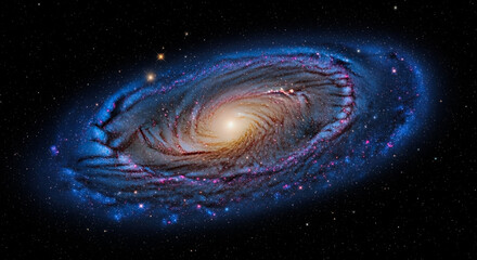A breathtaking view of a spiral galaxy its arms swirling with vibrant colors of blue purple and yellow A luminous central bulge radiates light into the dark expanse of the cosmos