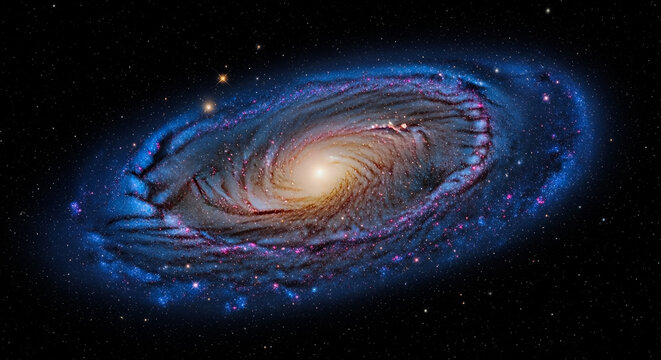 A breathtaking view of a spiral galaxy its arms swirling with vibrant colors of blue purple and yellow A luminous central bulge radiates light into the dark expanse of the cosmos - Powered by Adobe