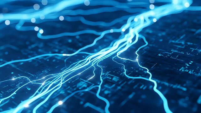 Abstract depiction of glowing blue energy currents flowing over a digital circuit board