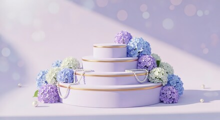 Three dimensional lavender platform with hydrangeas and pearls