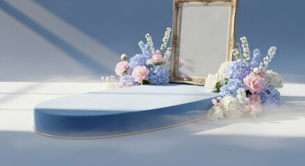 A light blue oval podium with pastel flowers in a studio setting