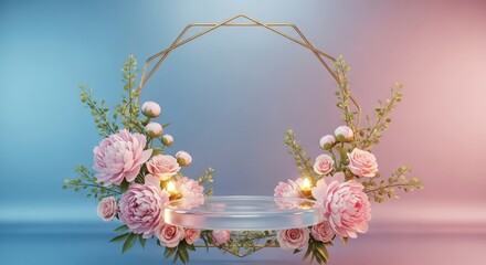Elegant floral arrangement on a glass display platform with pink flowers