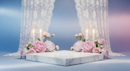 Elegant floral arrangement on a marble platform with soft lighting and lace curtains