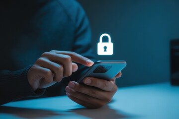 Person using smartphone with digital security lock icon, protecting personal data online with technology