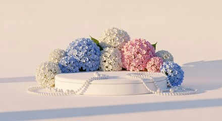 Elegant floral arrangement on a white pedestal with pearls pastel hydrangeas soft lighting still life image display studio photography decorative arrangement