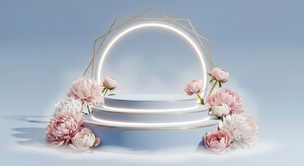 Elegant light blue podium decorated with delicate pink and white peonies