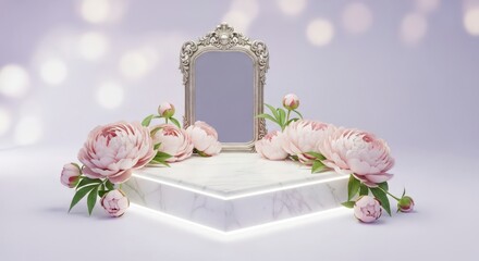 Elegant pink peony arrangement on marble platform vintage mirror backdrop product display