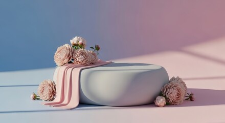 Elegant light gray pedestal displayed with delicate pink flowers and fabric pastel colors product presentation