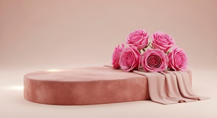 Pink rose bouquet on rose pink oval pedestal against pale peach background for product display