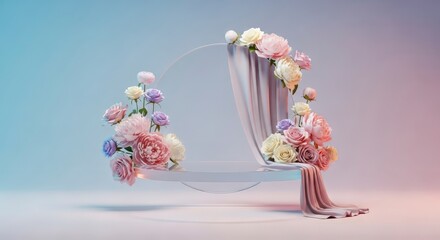 Pastel colored flowers and fabric displayed in a transparent circle