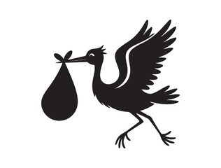 very simple flat and single minimalist Stork Brings Baby. Vector black silhouette. with white background