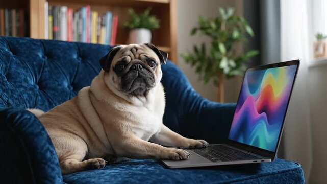 Pug Dog Using Laptop Computer - An adorable pug dog sits on a plush blue velvet armchair, seemingly using a laptop computer with a vibrant abstract background.