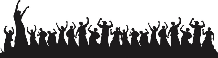 Silhouette crowd of cheering people with raised hands, perfect for concert posters, festival banners, sports events, party invitations, and celebration-themed graphic designs.
