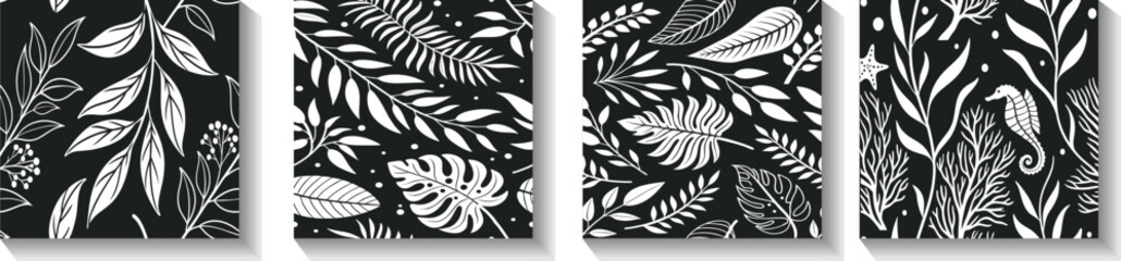 Black and white tropical leaf seamless patterns. Elegant botanical backgrounds with exotic foliage and marine elements. Perfect for fabric, wallpaper, and decorative design projects.