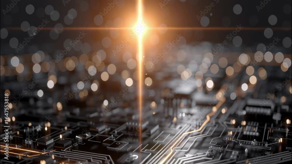 Poster high-tech close-up of circuit board with glowing elements in cinematic style for second macro video 