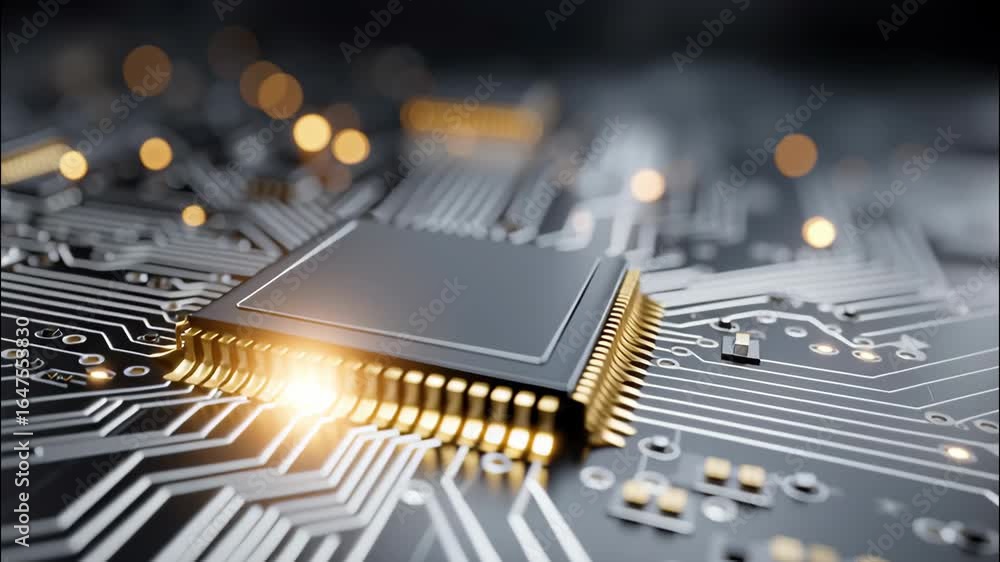 Poster detailed macro view of a computer processor on a circuit board showcasing modern technology and inno