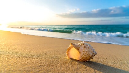 Obraz premium Golden Hour Beach Scene: Seashell on Sandy Shoreline at Sunrise