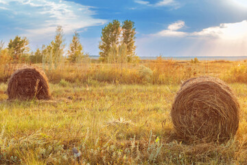 farm field with hay bales, Summer wallpaper, Straw bales on farmland in the sunset