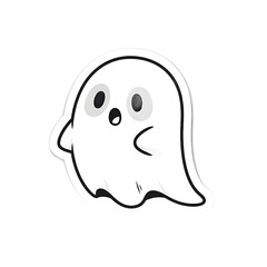 Cute cartoon ghost sticker with a surprised expression big eyes and a floating pose. Halloween PNG Transparent