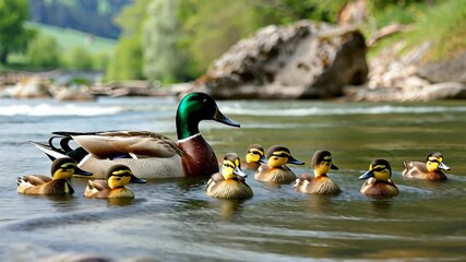 A mother duck leads her adorable ducklings through serene waters, showcasing their charming interactions and natural beauty