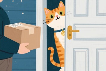 宅配便を受け取るためにドアを開ける猫