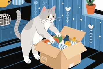 段ボール箱に物を詰める猫